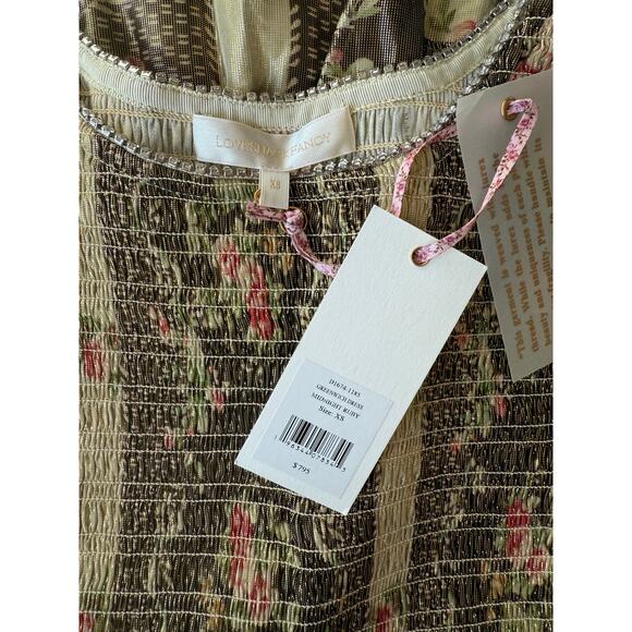 LoveShackFancy NWT Greenwich Midnight Ruby Gold Metallic Smocked Mini Dress XS - Picture 14 of 17